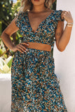 Ditsy Floral Print Ruffled Crop Top & Flounce Hem Maxi Skirt Set