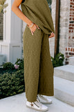 Green Quilted Short Sleeve Top and Wide Leg Pants Set