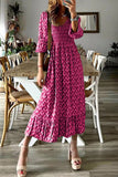 Pink Geometric Print Shirred V Neck High Waist Maxi Dress