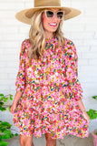 Floral 3/4 Sleeve Smocked Frill Tiered Dress