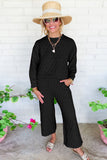 Dark Grey Solid Color Quilted Long Sleeve Top and Wide Leg Pants Set