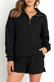 Black Ribbed Zipper Sweatshirt & High Waist Shorts Set