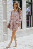 Multicolor Floral Print Split V Neck Long Sleeve Tunic Dress