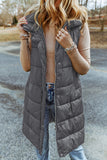 Brown Hooded Pocketed Quilted Long Vest Coat