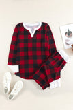 Red Christmas Plaid Long Sleeve Top & Pants Loungewear Set