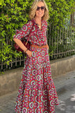 Red Floral Print Long Sleeve Shirt Bodice Flared Maxi Dress