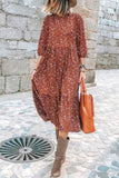 Chestnut Floral Print 3/4 Sleeve Ruffle Hem Midi Dress