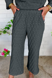 Dark Grey Solid Color Quilted Long Sleeve Top and Wide Leg Pants Set