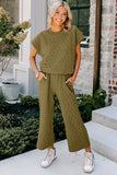 Green Quilted Short Sleeve Top and Wide Leg Pants Set