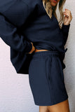 Black Textured Long Sleeve Top & Drawstring Shorts Set