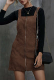 Brown Pockets Zip Up Ribbed Overall Dress