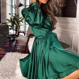 sexy V-Neck Lantern Sleeve Dress Satin Elegant Party