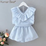 Humor Bear Girls Clothing Set 2020 Korean Summer New Striped Ruffle Top T-shirt+Pants Kids Suit Toddler Baby Children's Clothes