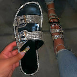 Women Slippers Rhinestone Solid Buckles Sandals