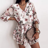 Chiffon V Neck Flower Print Dress