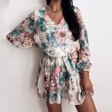 Chiffon V Neck Flower Print Dress