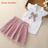 Girls Sets 2pcs Sleeveless Bow Tie T-shirt and Skirt