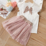 Girls Sets 2pcs Sleeveless Bow Tie T-shirt and Skirt