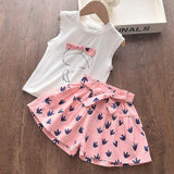 Girls Sets 2pcs Sleeveless Bow Tie T-shirt and Skirt