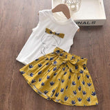 Girls Sets 2pcs Sleeveless Bow Tie T-shirt and Skirt