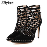 Eilyken 2022 Gladiator Sandals Summer Spring Pointed Toe Rivets Studded Cut Out Caged Ankle Boots Stiletto Heel Women Shoes